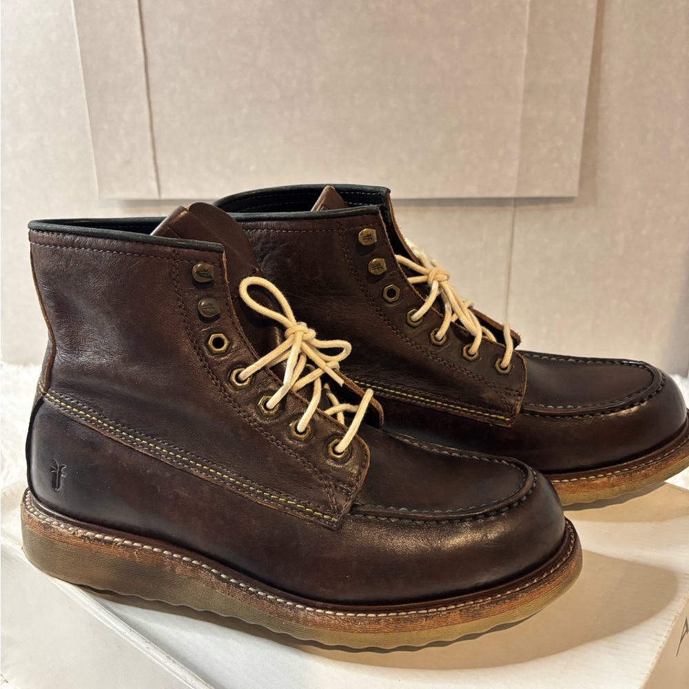 Frye Brown Leather Boots with Moc-Toe Stitching